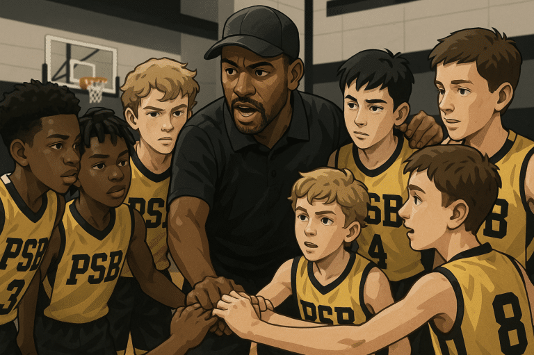 Youth basketball team huddling during game, showing unity and teamwork